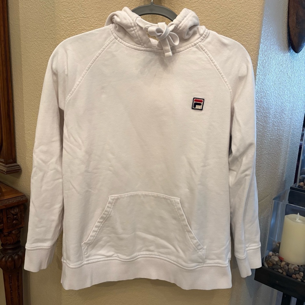 FILA Teens White Spell Out Hoodie Sweatshirt Size Medium-Unisex